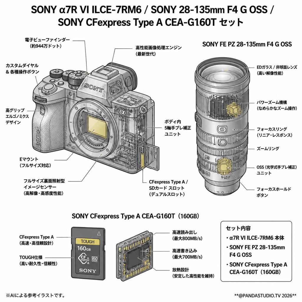 SONY α7R VI ILCE-7RM6 / SONY 28-135mm F4 G OSS / SONY CFexpress Type A CEA-G160T セット スペック