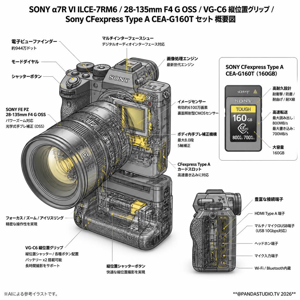 SONY α7R VI ILCE-7RM6 / SONY 28-135mm F4 G OSS / VG-C6 縦位置グリップ / SONY CFexpress Type A CEA-G160T セット スペック
