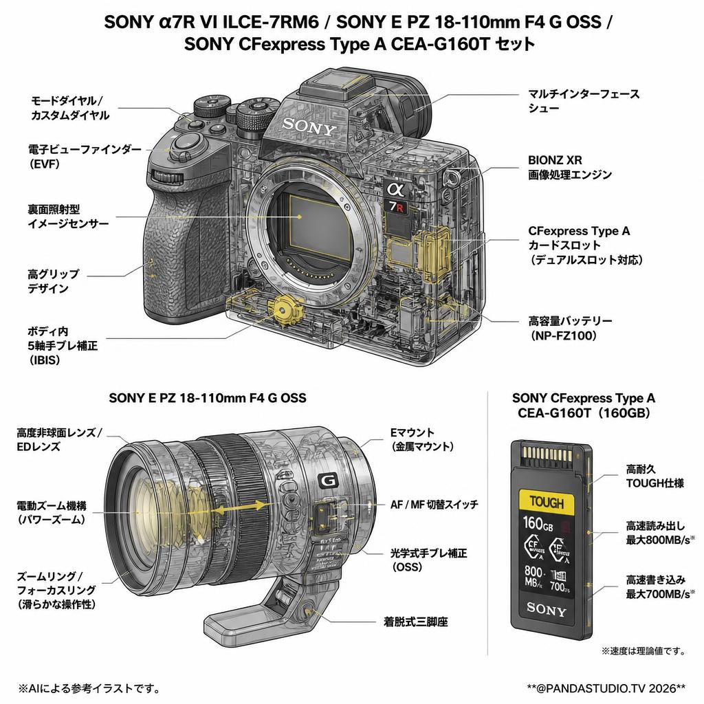 SONY α7R VI ILCE-7RM6 / SONYE PZ 18-110mm F4 G OSS / SONY CFexpress Type A CEA-G160T セット スペック