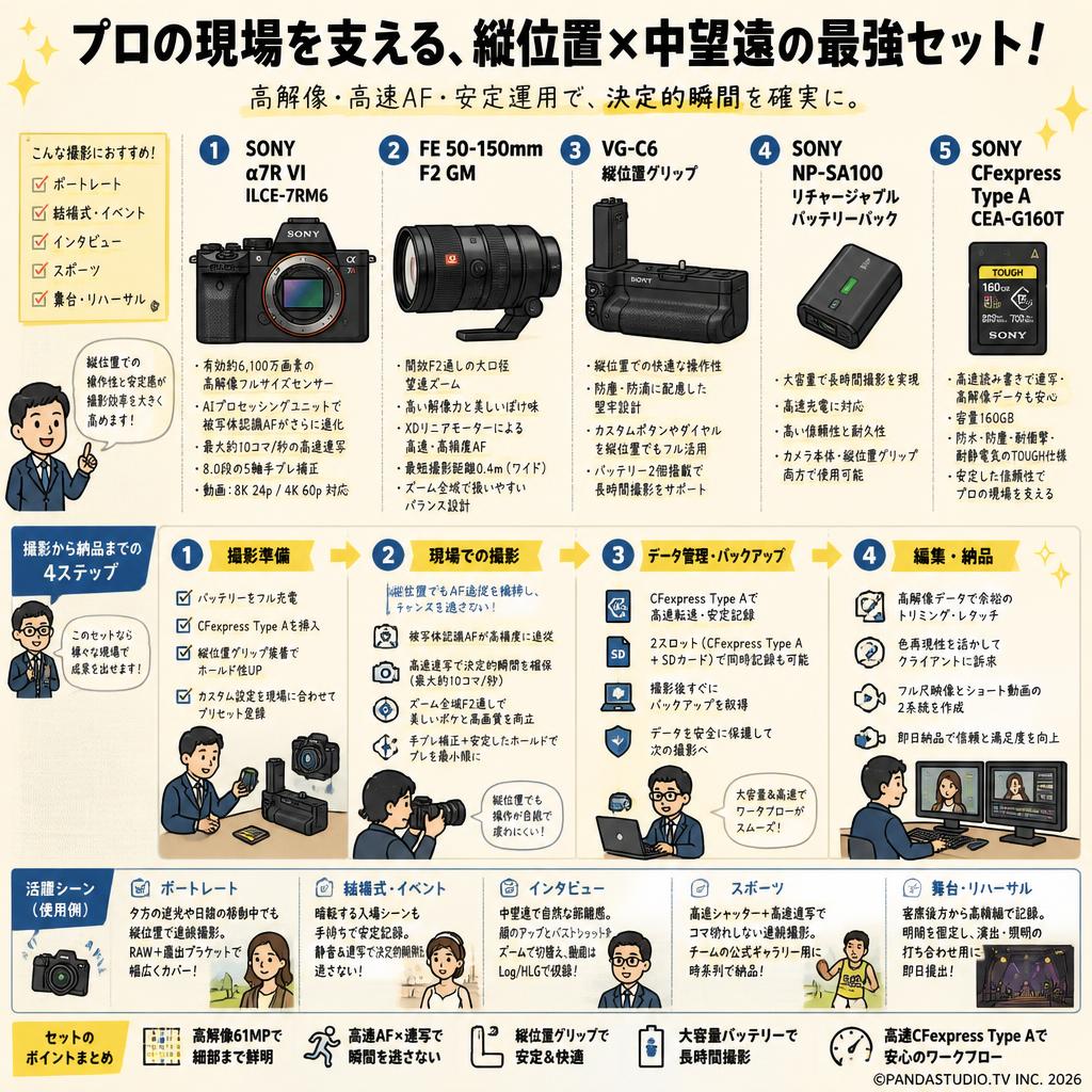 SONY α7R VI ILCE-7RM6 / FE 50-150mm F2 GM /  VG-C6 縦位置グリップ / SONY NP-SA100 リチャージャブルバッテリーパック / SONY CFexpress Type A CEA-G160T セット 用途
