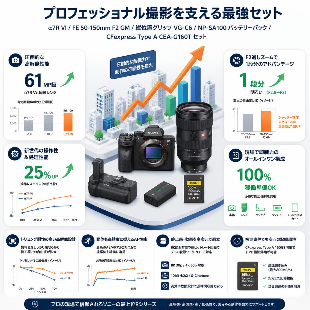 SONY α7R VI ILCE-7RM6 / FE 50-150mm F2 GM /  VG-C6 縦位置グリップ / SONY NP-SA100 リチャージャブルバッテリーパック / SONY CFexpress Type A CEA-G160T セット セールスポイント