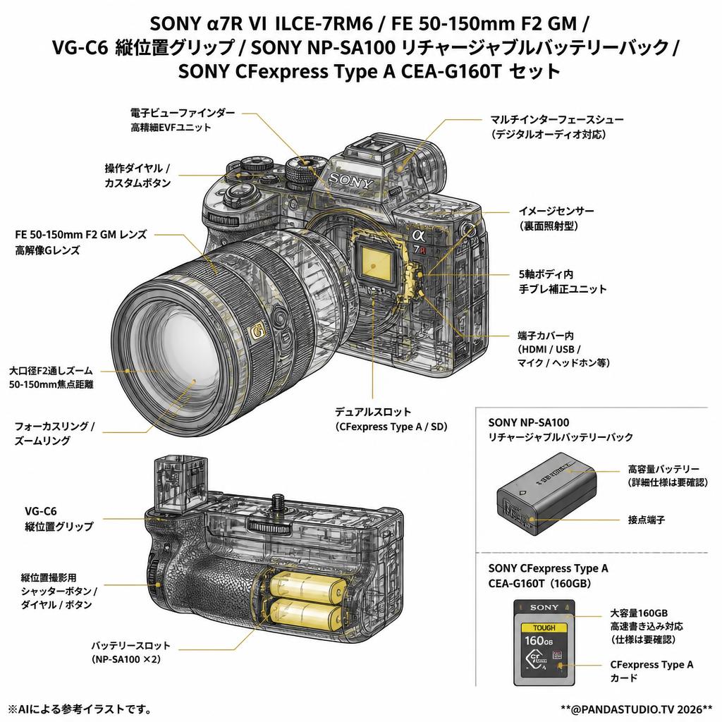 SONY α7R VI ILCE-7RM6 / FE 50-150mm F2 GM /  VG-C6 縦位置グリップ / SONY NP-SA100 リチャージャブルバッテリーパック / SONY CFexpress Type A CEA-G160T セット スペック