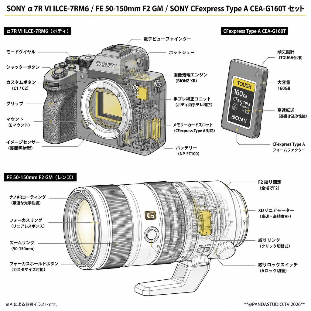 SONY α7R VI ILCE-7RM6 / FE 50-150mm F2 GM / SONY CFexpress Type A CEA-G160T セット スペック