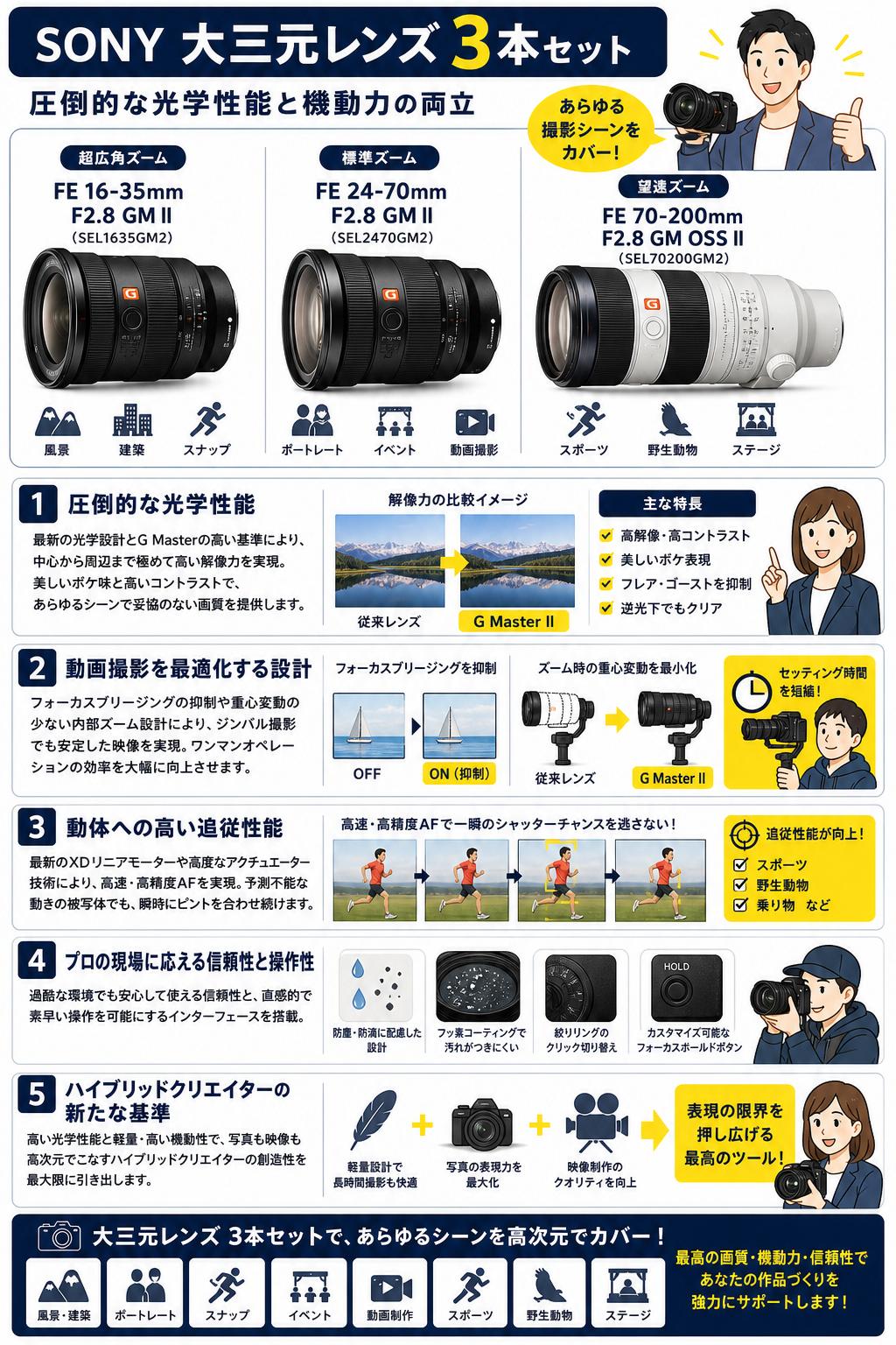 SONY 大三元レンズ ３本セット FE 16-35mm F2.8 GM II（SEL1635GM2）/ FE 24-70mm F2.8 GM II(SEL2( SEL70200GM2)セット470GM2) /  FE 70-200mm F2.8 GM OSS II 概要
