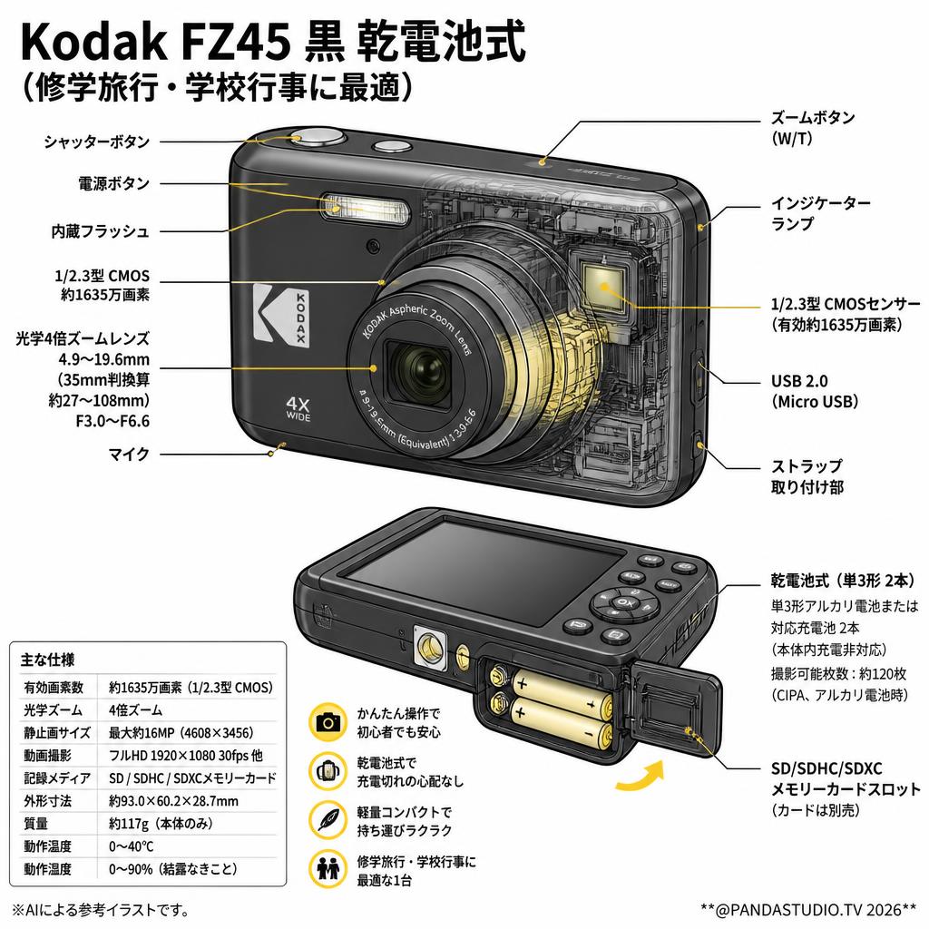 Kodak FZ45 黒 乾電池式（修学旅行・学校行事に最適） ブラック スペック