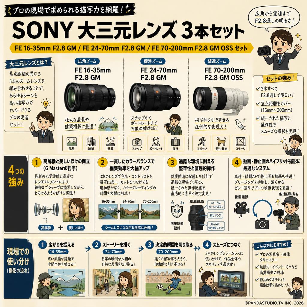 SONY 大三元レンズ ３本セット FE 16-35mm F2.8 GM / FE 24-70mm F2.8 GM / FE 70-200mm F2.8 GM OSS セット 概要