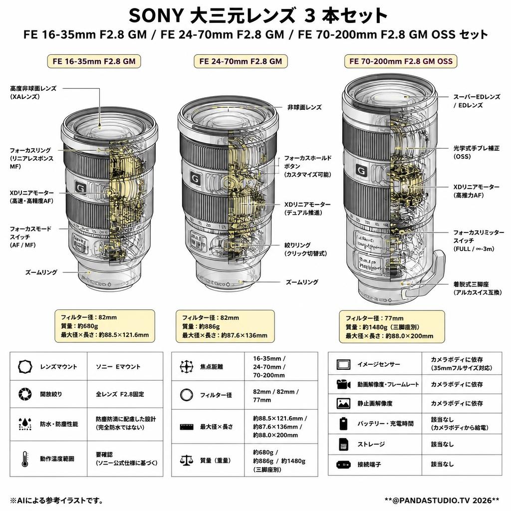SONY 大三元レンズ ３本セット FE 16-35mm F2.8 GM / FE 24-70mm F2.8 GM / FE 70-200mm F2.8 GM OSS セット スペック