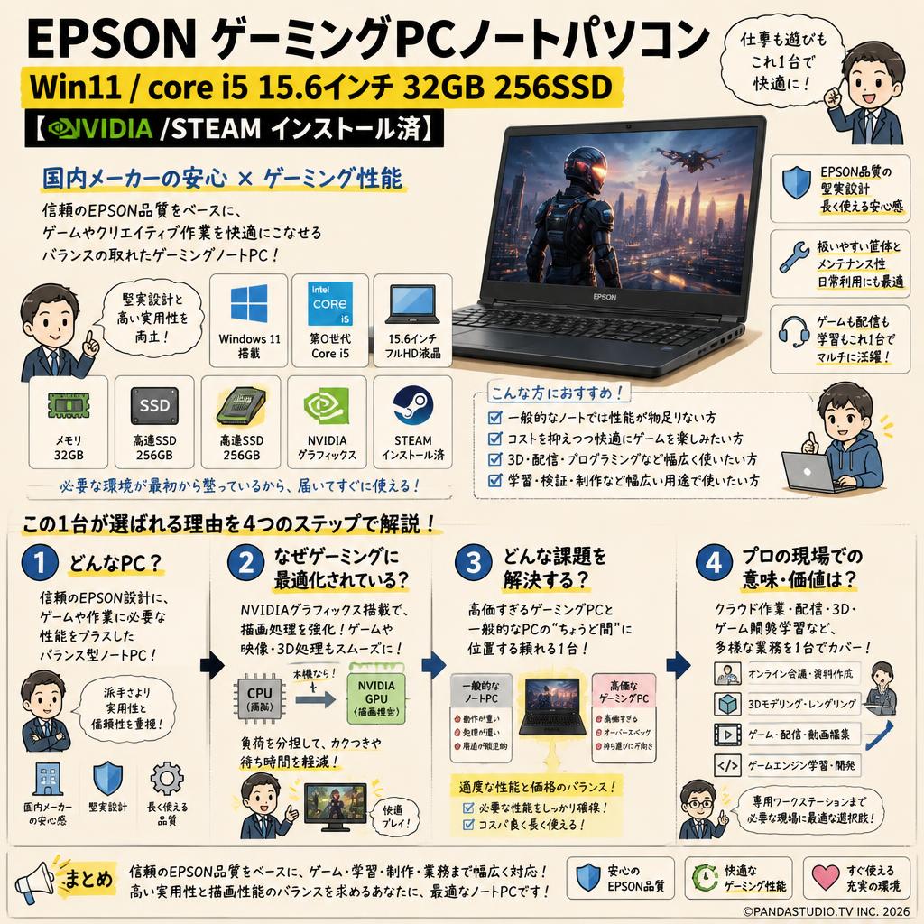 EPSON  ゲーミング PC ノートパソコン Win 11 / core i5 15.6インチ 32GB 256SSD RTX2060【NVIDIA /STEAM インストール済】 概要