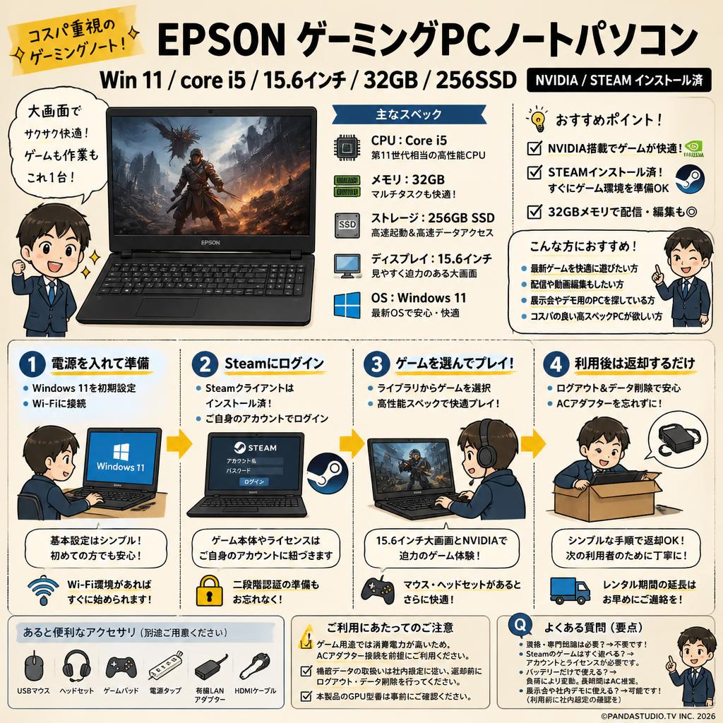 EPSON  ゲーミング PC ノートパソコン Win 11 / core i5 15.6インチ 32GB 256SSD RTX2060【NVIDIA /STEAM インストール済】 FAQ（よくある質問と答え）