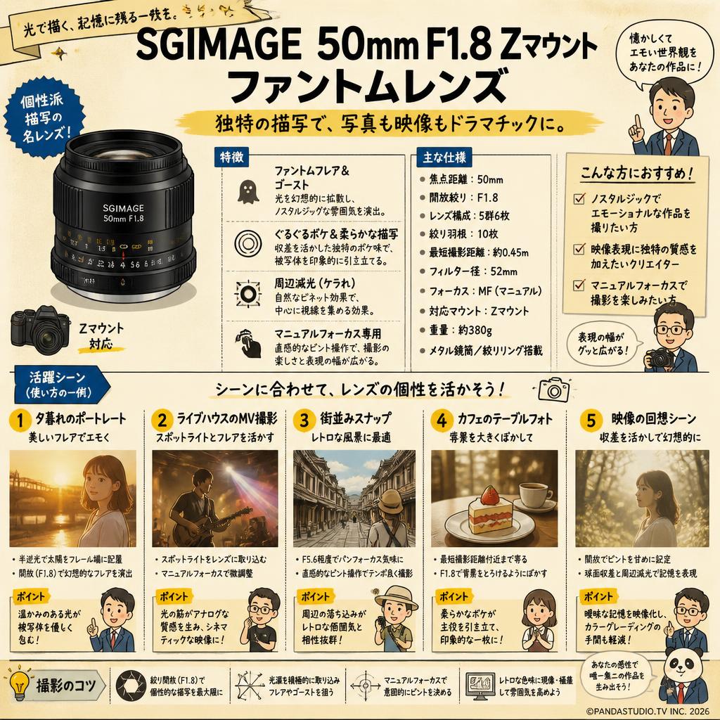 SGIMAGE（エスジーイメージ） 50mm F1.8 Zマウント ファントムレンズ【PROKIZAI.COM】 用途