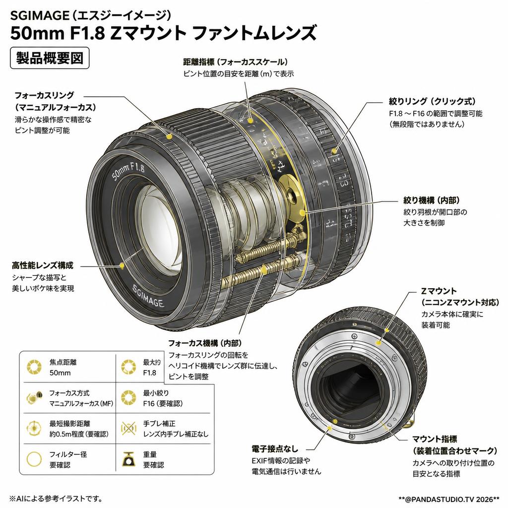 SGIMAGE（エスジーイメージ） 50mm F1.8 Zマウント ファントムレンズ【PROKIZAI.COM】 スペック