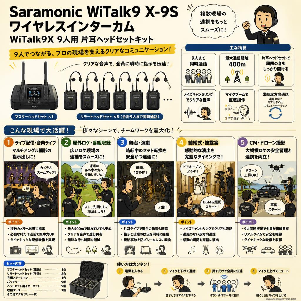 Saramonic WiTalk9 X-9S ワイヤレスインターカム WiTalk9X 9人用 片耳ヘッドセットキット 用途