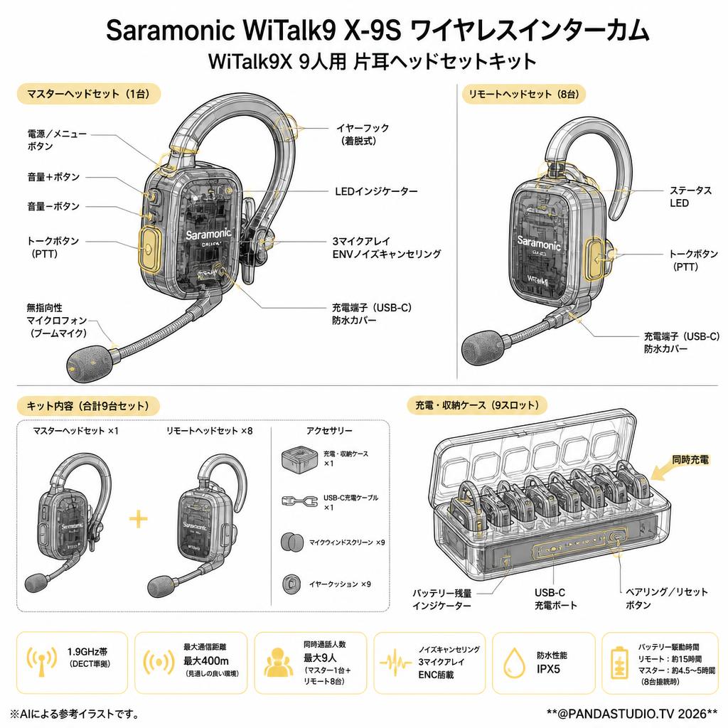 Saramonic WiTalk9 X-9S ワイヤレスインターカム WiTalk9X 9人用 片耳ヘッドセットキット スペック