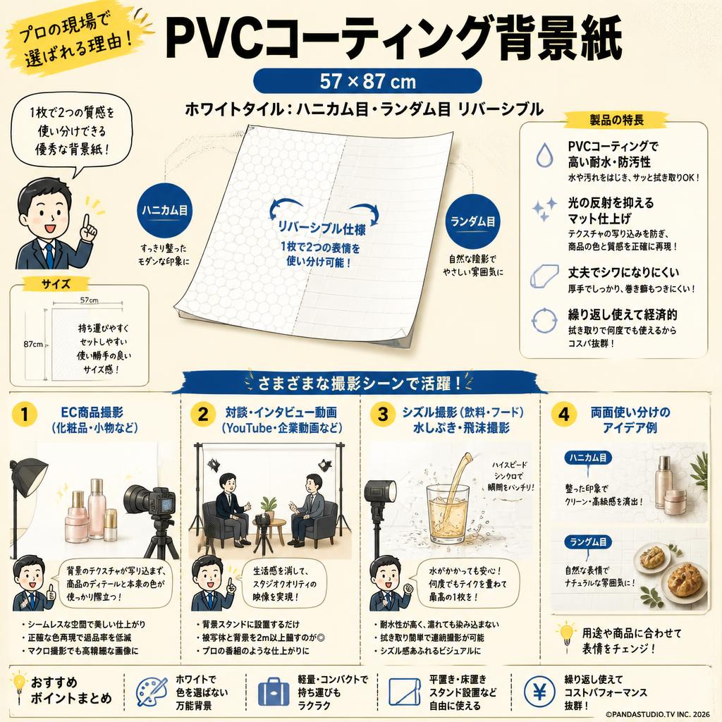 PVCコーティング背景紙　57 x 87 cm　（PVCコーティング背景紙（ホワイトタイル：ハニカム目・ランダム目　リバーシブル） 用途