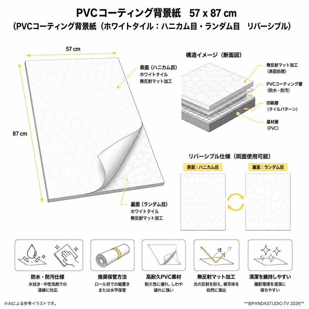 PVCコーティング背景紙　57 x 87 cm　（PVCコーティング背景紙（ホワイトタイル：ハニカム目・ランダム目　リバーシブル） スペック