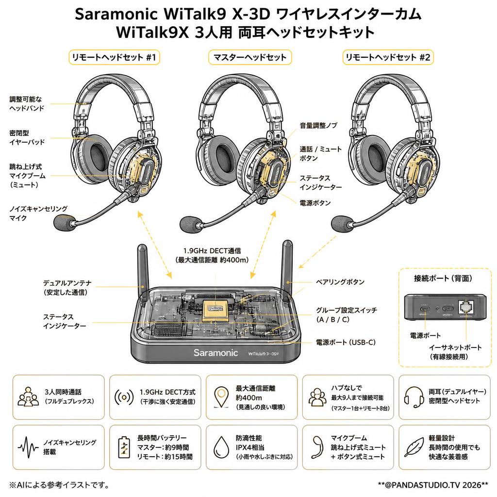 Saramonic WiTalk9 X-3D ワイヤレスインターカム WiTalk9X 3人用 両耳ヘッドセットキット スペック