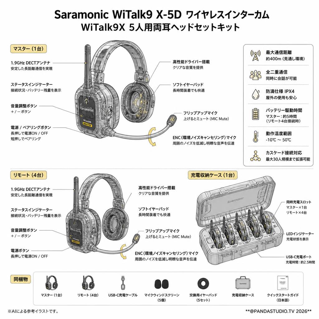 Saramonic WiTalk9 X-5D ワイヤレスインターカム WiTalk9X 5人用両耳ヘッドセットキット スペック