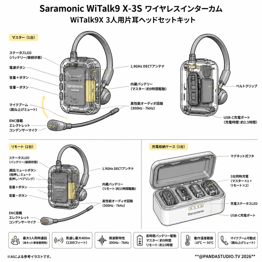 Saramonic WiTalk9 X-3S ワイヤレスインターカム WiTalk9X 3人用 片耳ヘッドセットキット スペック