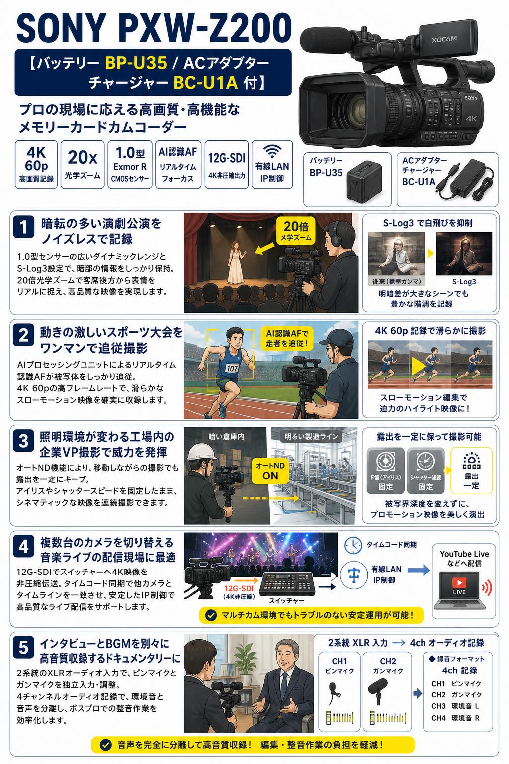 SONY PXW-Z200 【バッテリー BP-U35 / ACアダプター チャージャー BC-U1A 付】 用途