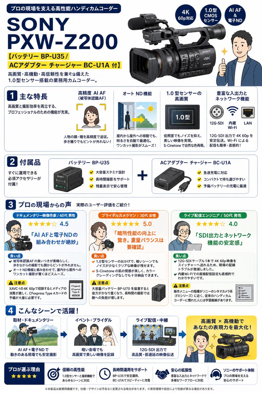 SONY PXW-Z200 【バッテリー BP-U35 / ACアダプター チャージャー BC-U1A 付】 インターネット上のお客様の声（評判）