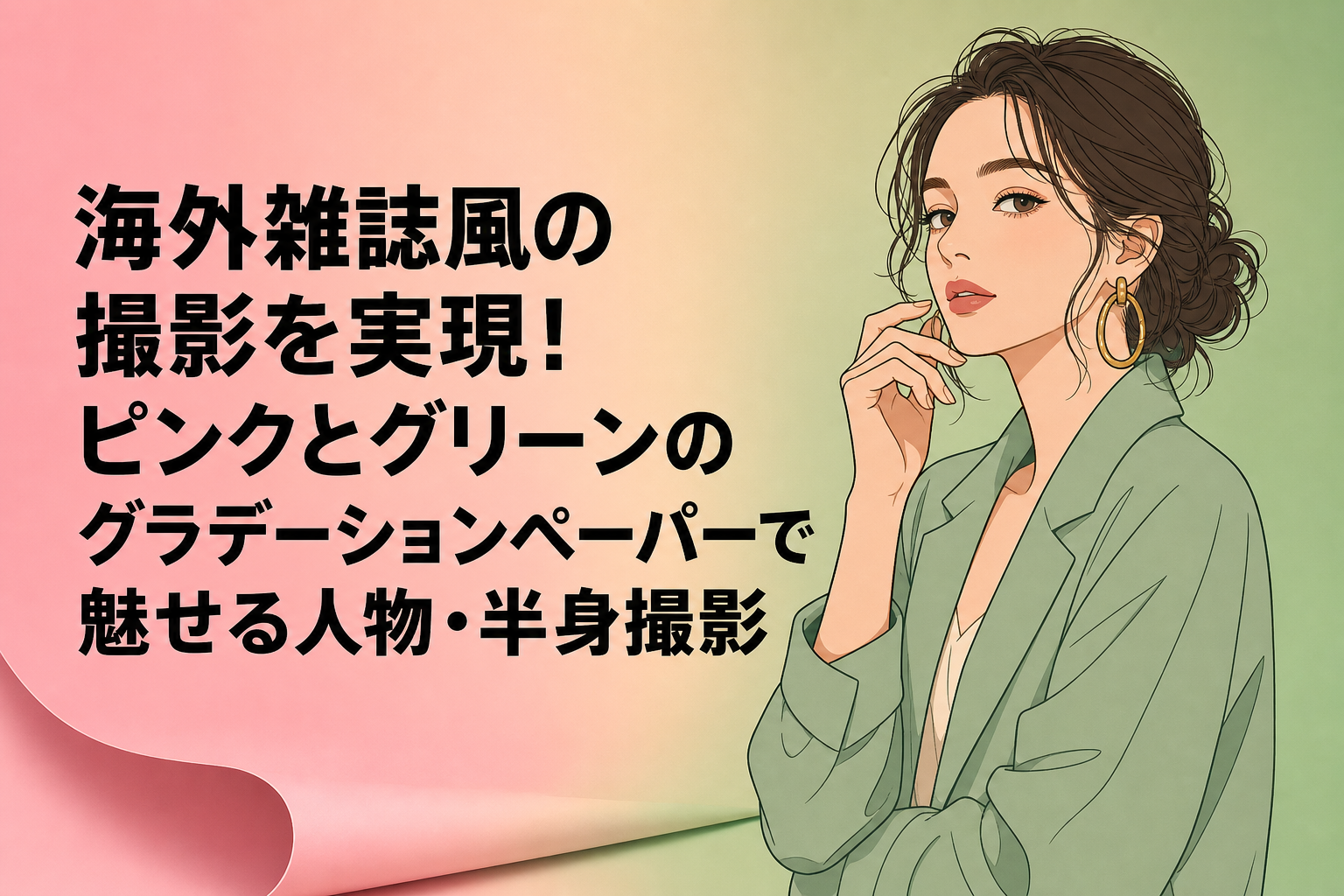海外雑誌風の撮影を実現！ピンクとグリーンのグラデーションペーパーで魅せる人物・半身撮影