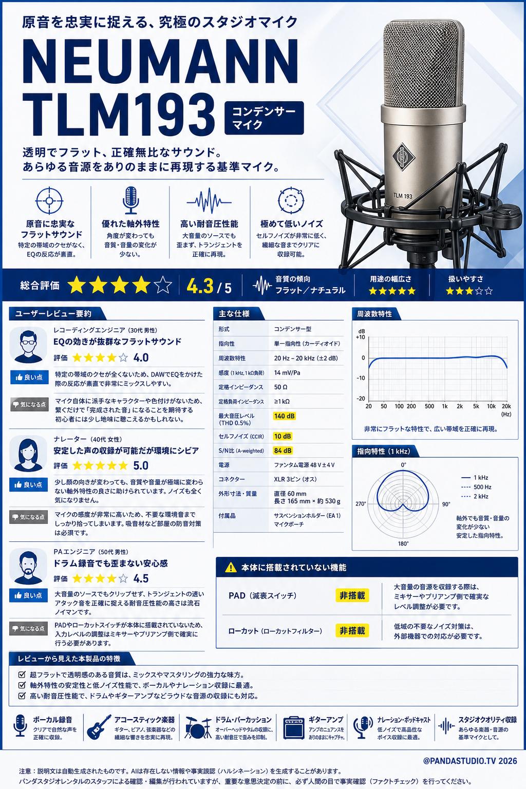 NEUMANN TLM193 コンデンサーマイク インターネット上のお客様の声（評判）