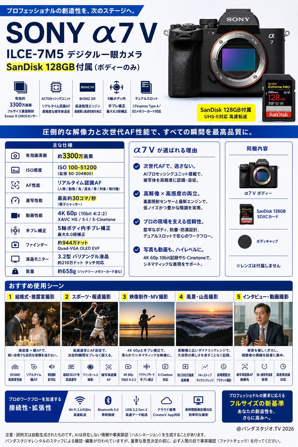 SONY α7 V ILCE-7M5デジタル一眼カメラ SanDisk 128GB付属 （ボディーのみ） 用途