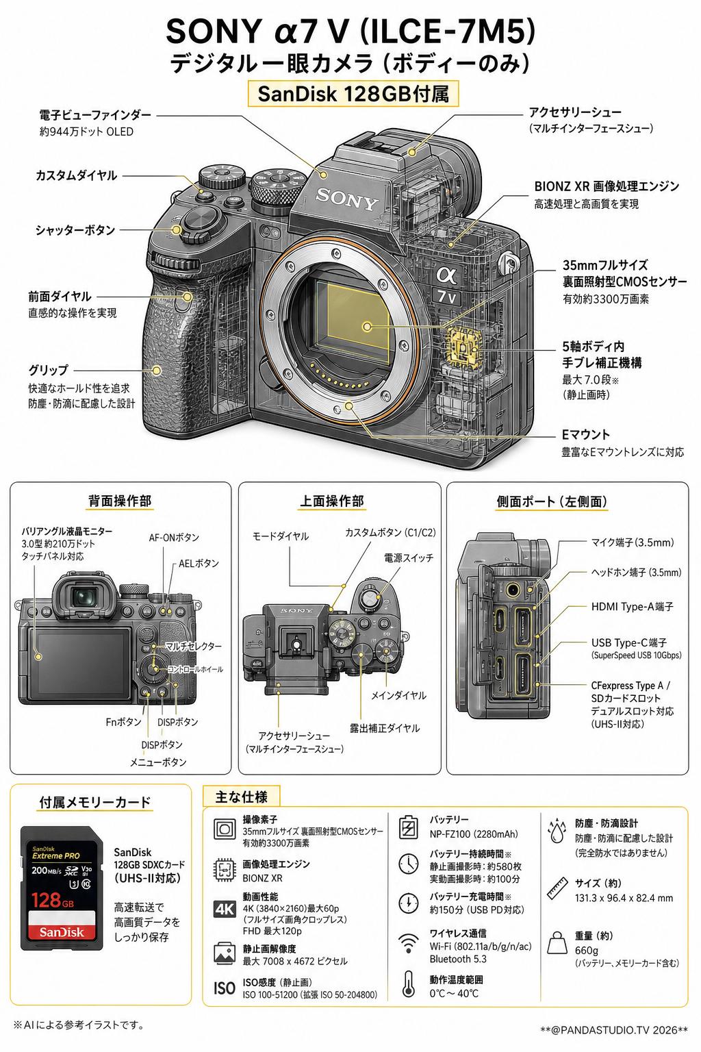 SONY α7 V ILCE-7M5デジタル一眼カメラ SanDisk 128GB付属 （ボディーのみ） スペック