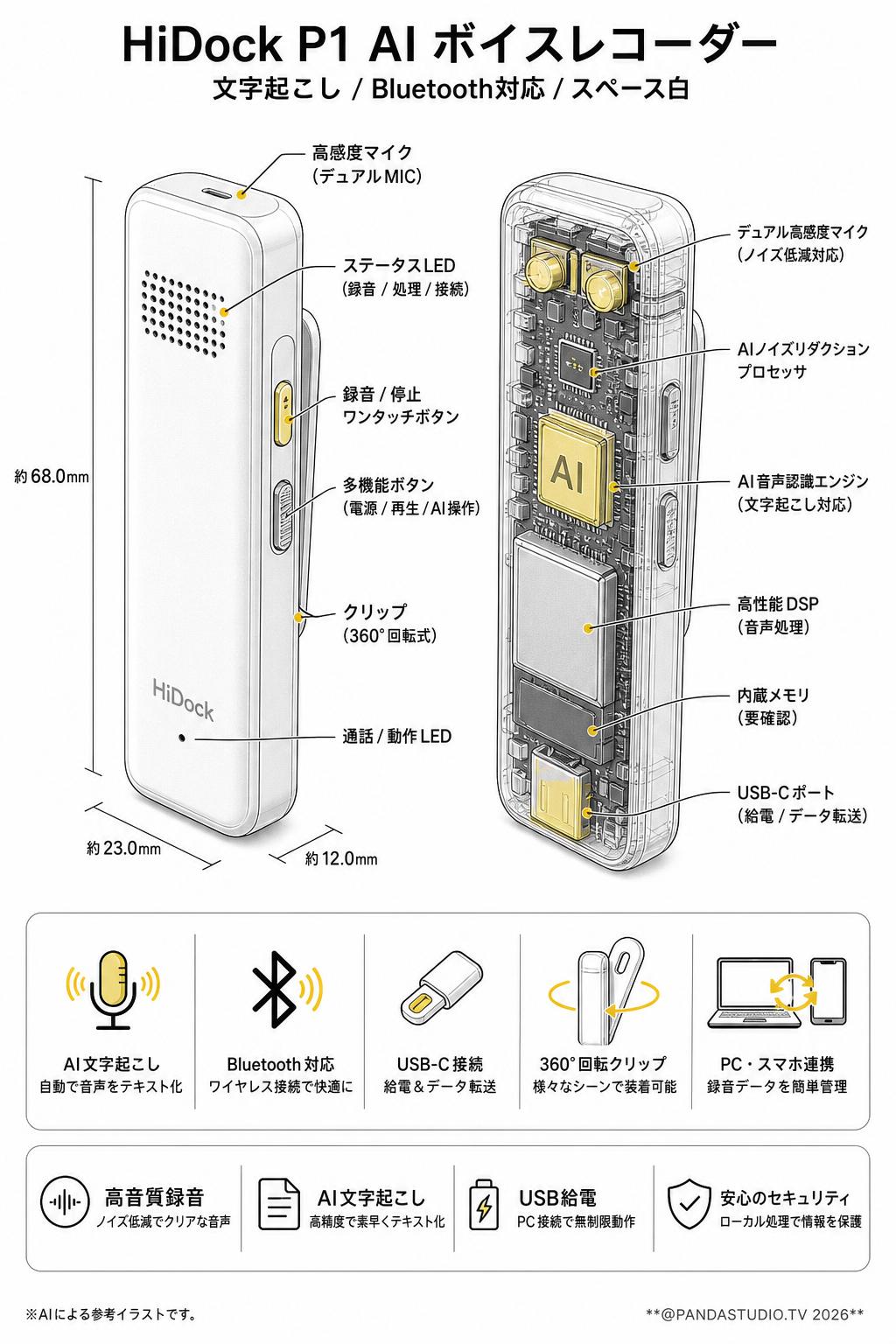 HiDock P1 AI ボイスレコーダー 文字起こし Bluetooth対応 スペース白 スペック