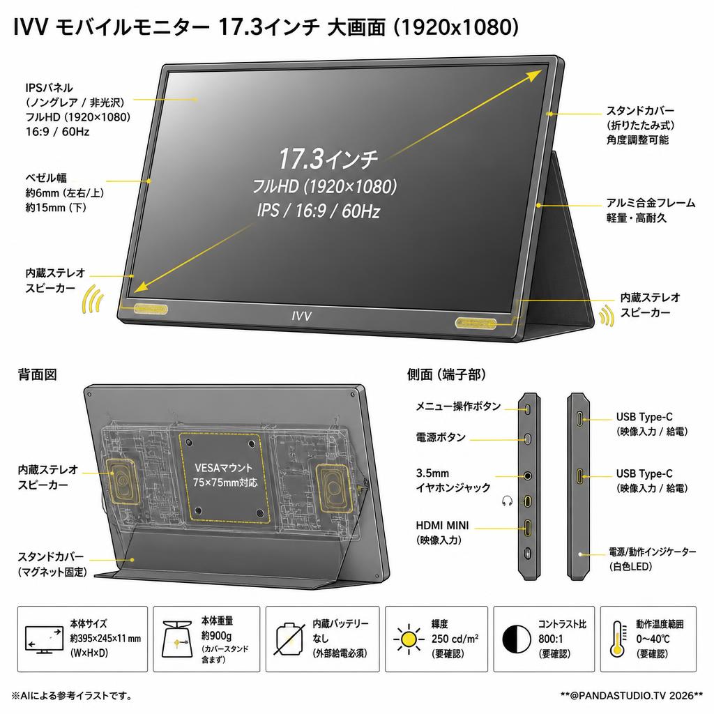 IVV モバイルモニター 17.3インチ 大画面 (1920x1080) スペック
