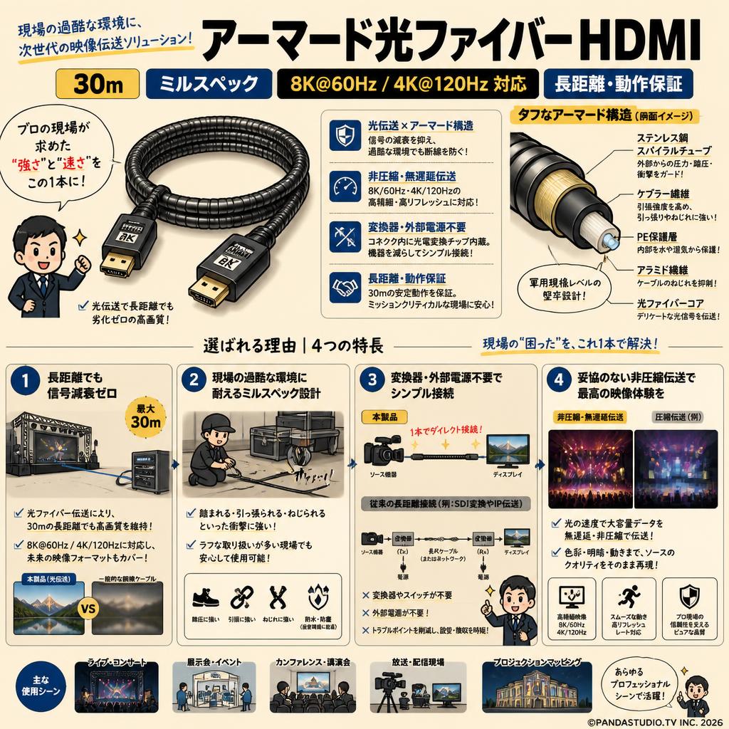 アーマード光ファイバー HDMI 30m ミルスペック 8K@60Hz / 4K@120Hz 対応 長距離・動作保証 概要