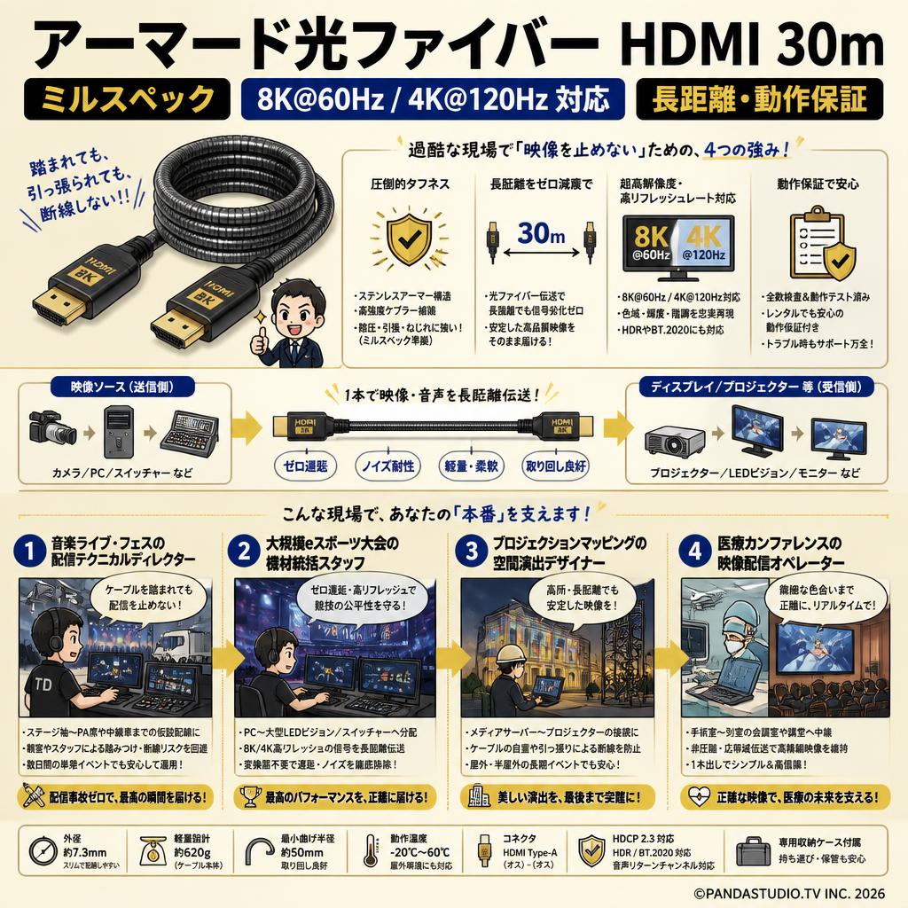 アーマード光ファイバー HDMI 30m ミルスペック 8K@60Hz / 4K@120Hz 対応 長距離・動作保証 おもな対象のお客様