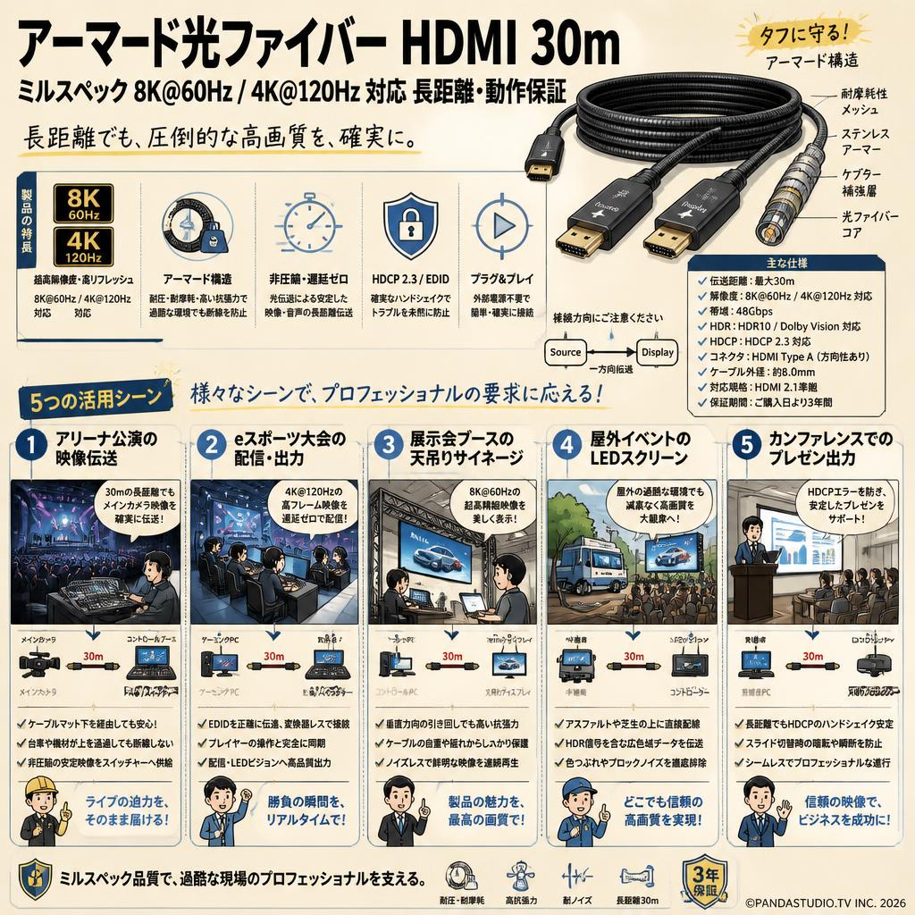 アーマード光ファイバー HDMI 30m ミルスペック 8K@60Hz / 4K@120Hz 対応 長距離・動作保証 用途