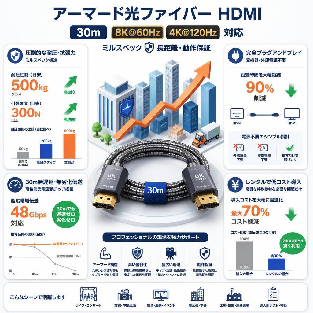アーマード光ファイバー HDMI 30m ミルスペック 8K@60Hz / 4K@120Hz 対応 長距離・動作保証 セールスポイント