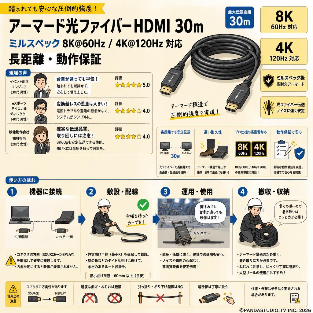 アーマード光ファイバー HDMI 30m ミルスペック 8K@60Hz / 4K@120Hz 対応 長距離・動作保証 インターネット上のお客様の声（評判）