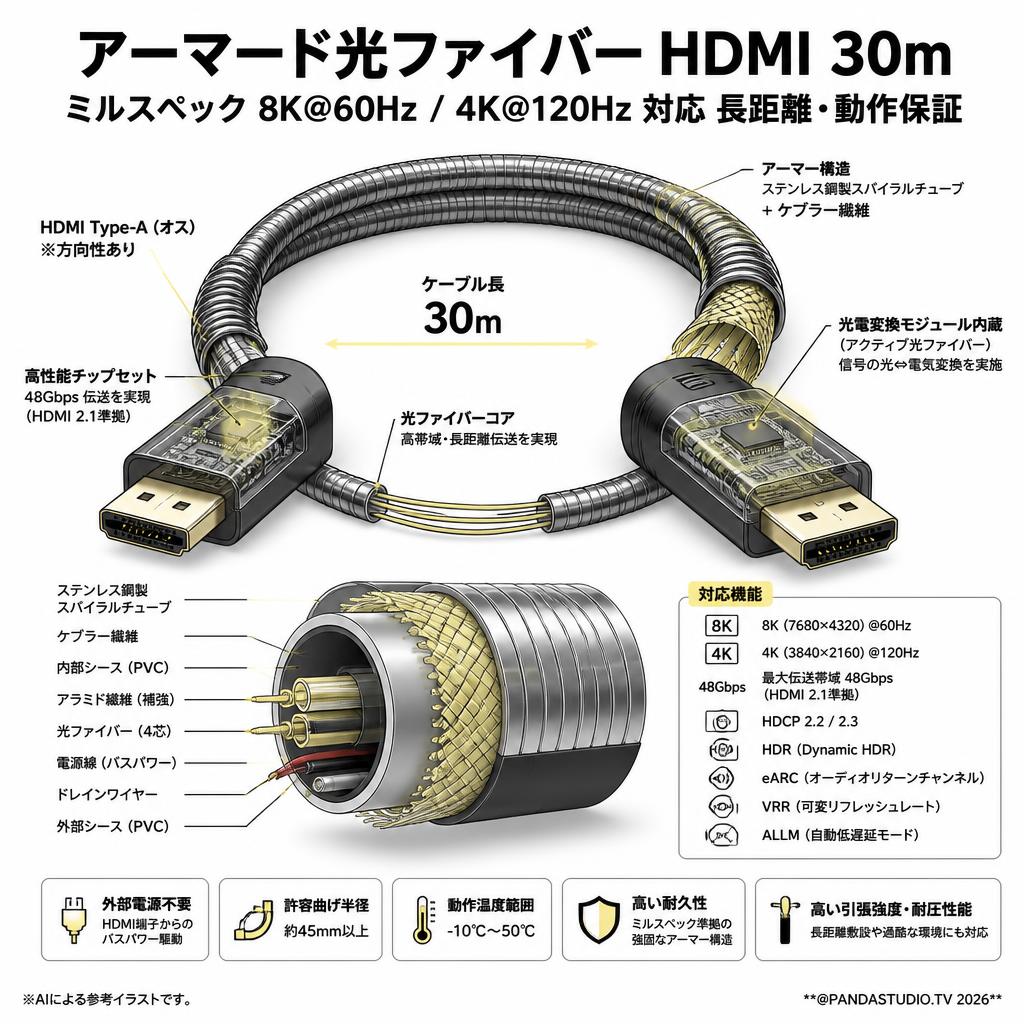 アーマード光ファイバー HDMI 30m ミルスペック 8K@60Hz / 4K@120Hz 対応 長距離・動作保証 スペック