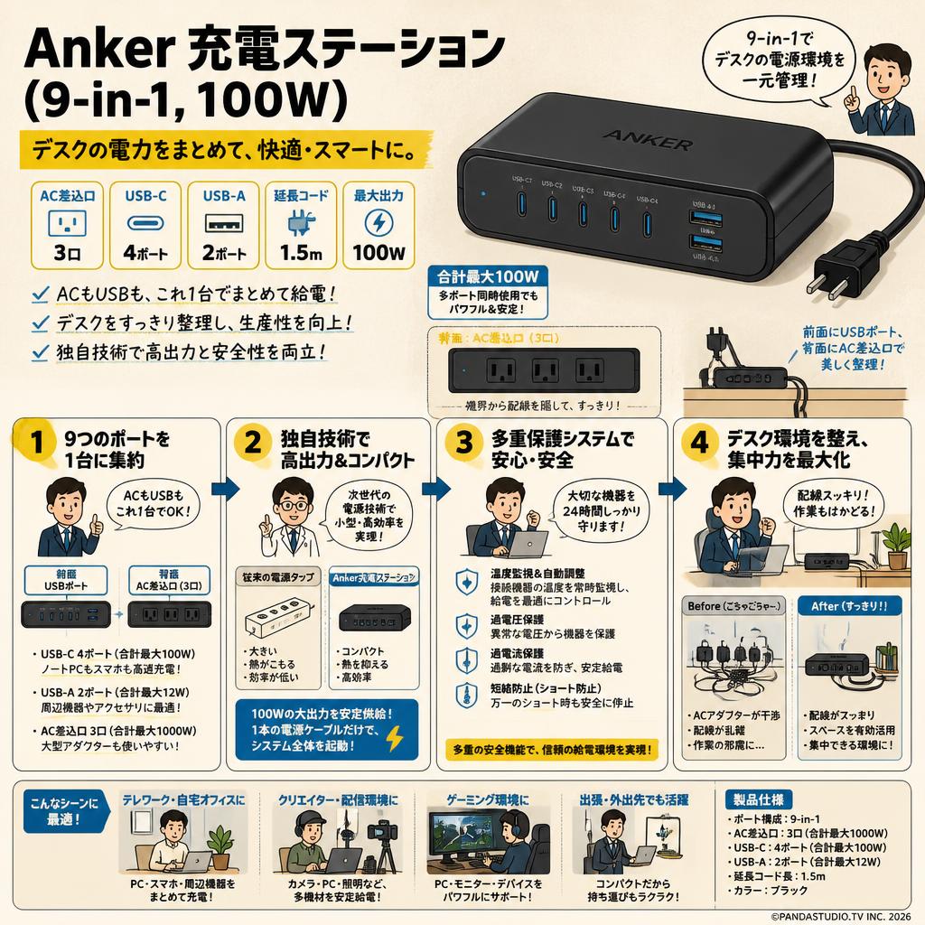 Anker Charging Station (9-in-1, 100W) 【USBタップ/電源タップ/AC差込口 3口 / USB-C 4ポート / USB-A 2ポート/ 1.5m延長コード】 ブラック 概要