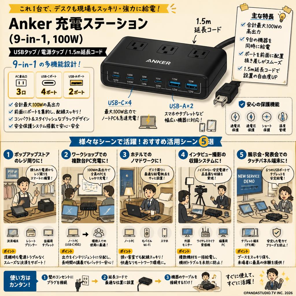 Anker Charging Station (9-in-1, 100W) 【USBタップ/電源タップ/AC差込口 3口 / USB-C 4ポート / USB-A 2ポート/ 1.5m延長コード】 ブラック 用途