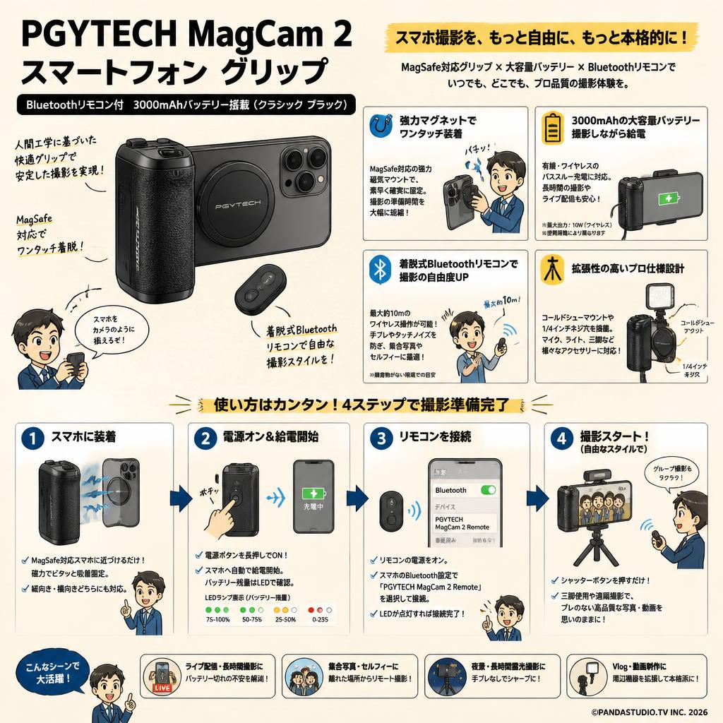 PGYTECH MagCam 2 スマートフォン グリップ Bluetoothリモコン付  3000mAhバッテリー搭載 (クラシック ブラック) 概要