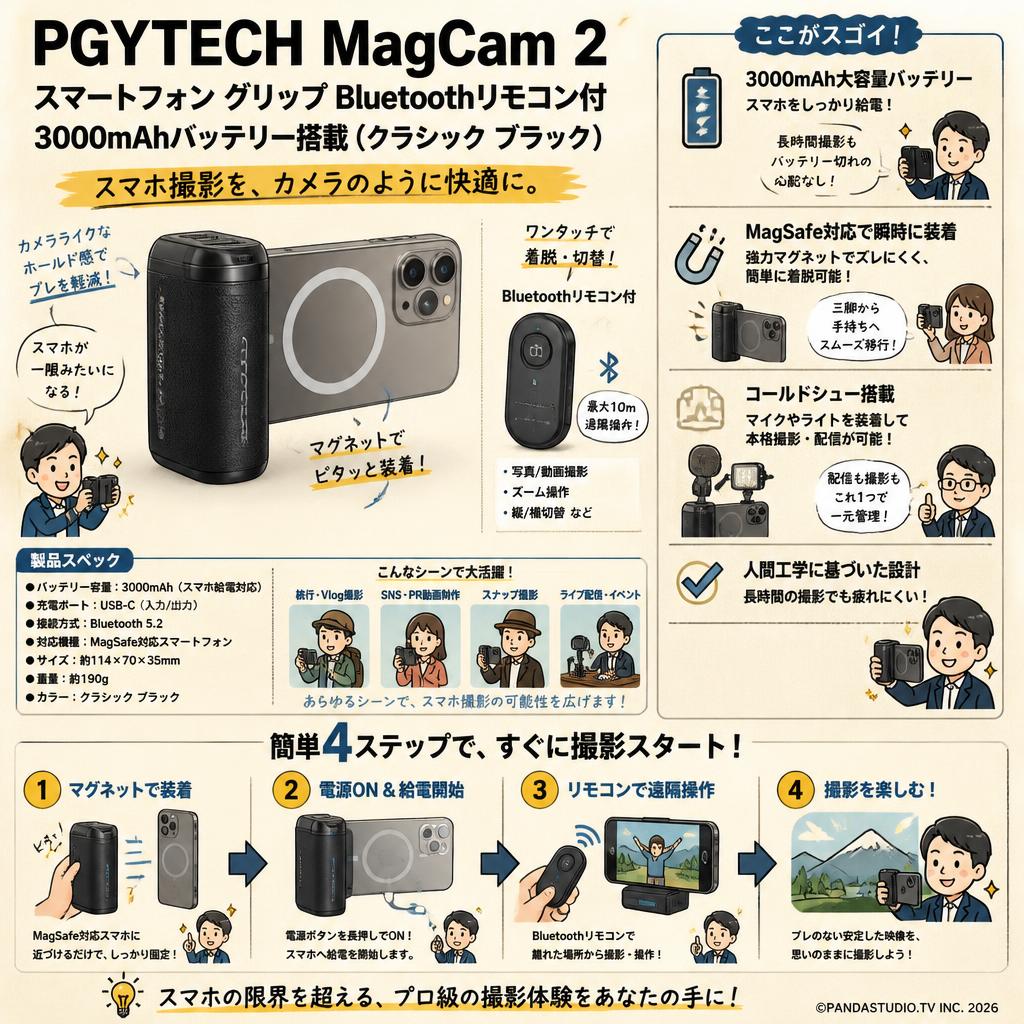 PGYTECH MagCam 2 スマートフォン グリップ Bluetoothリモコン付  3000mAhバッテリー搭載 (クラシック ブラック) おもな対象のお客様