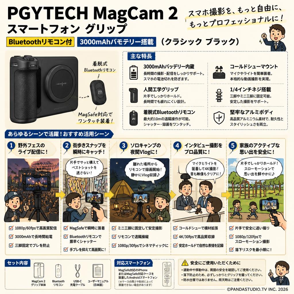 PGYTECH MagCam 2 スマートフォン グリップ Bluetoothリモコン付  3000mAhバッテリー搭載 (クラシック ブラック) 用途