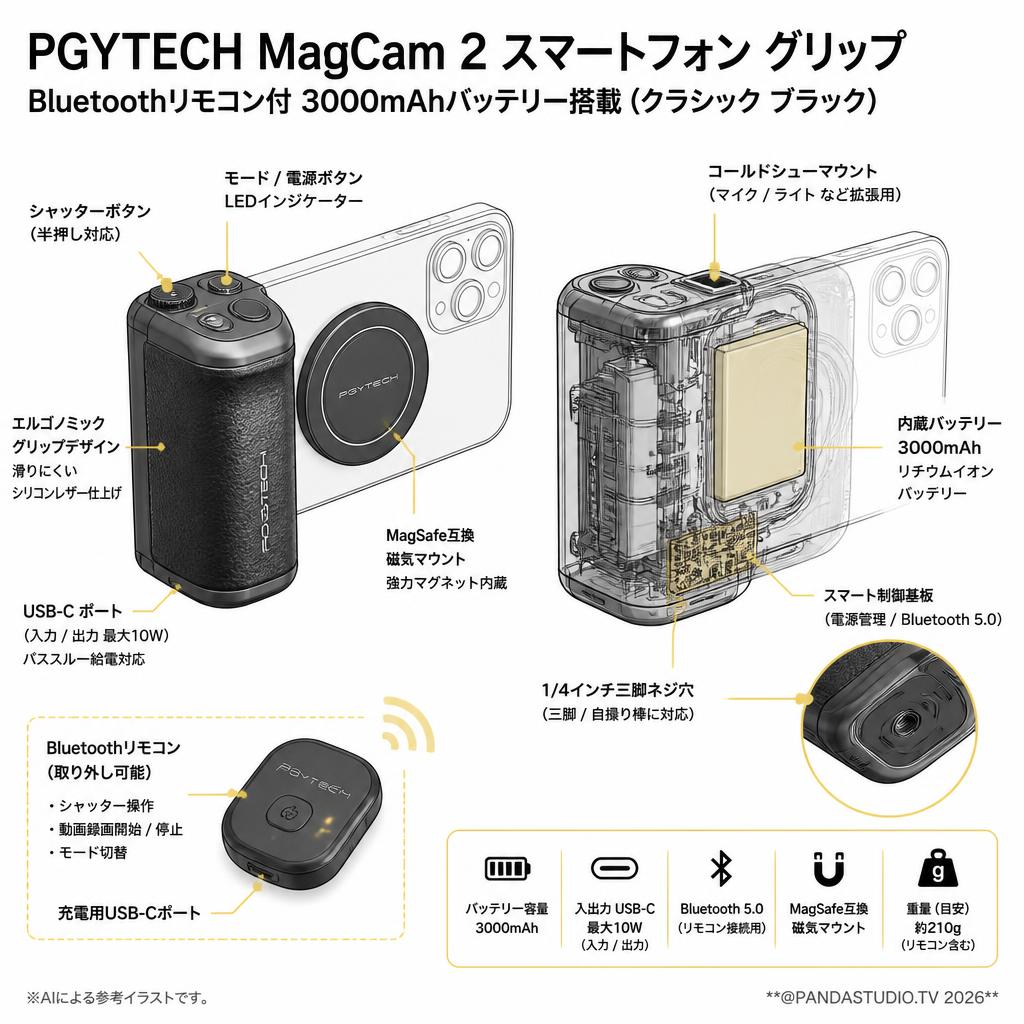 PGYTECH MagCam 2 スマートフォン グリップ Bluetoothリモコン付  3000mAhバッテリー搭載 (クラシック ブラック) スペック