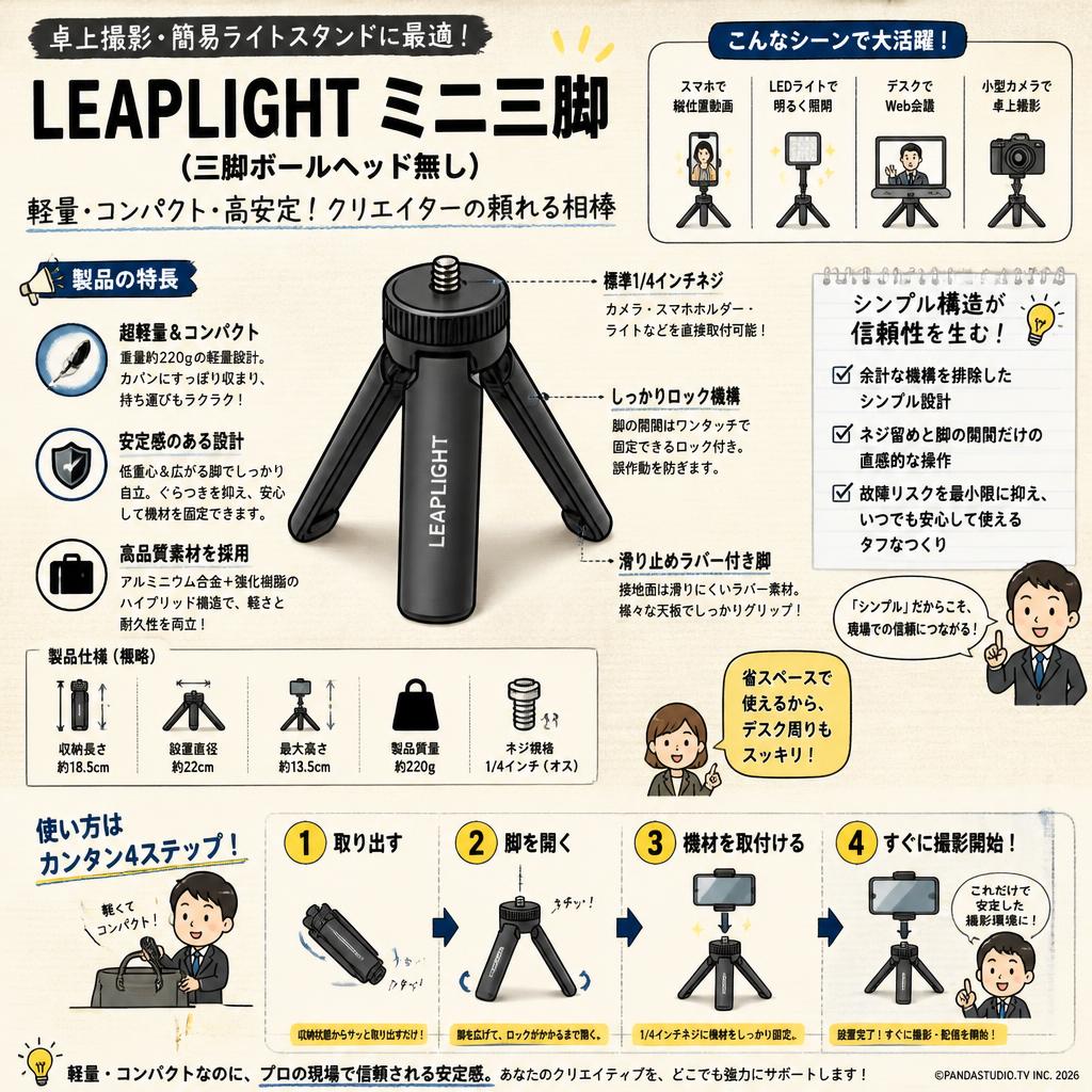 LEAPLIGHT ミニ三脚（三脚ボールヘッド無し） 概要