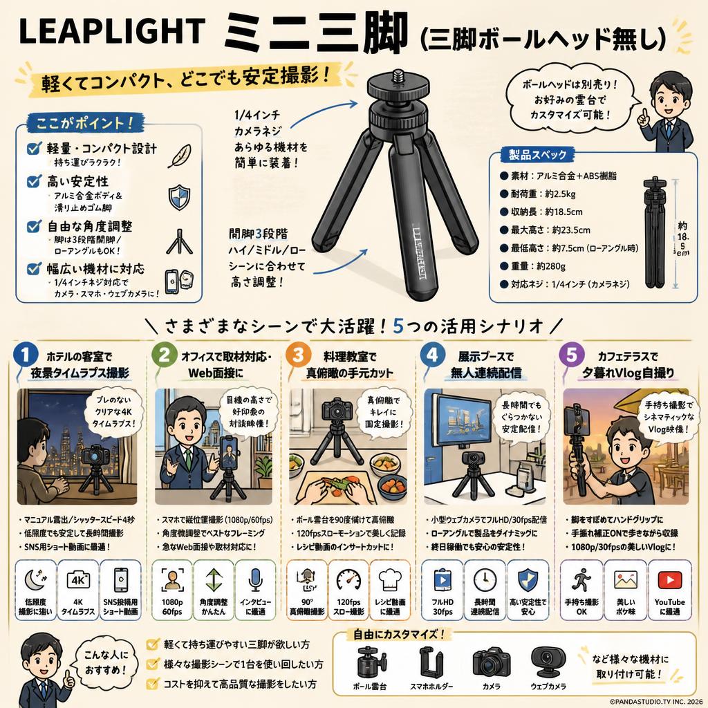 LEAPLIGHT ミニ三脚（三脚ボールヘッド無し） 用途