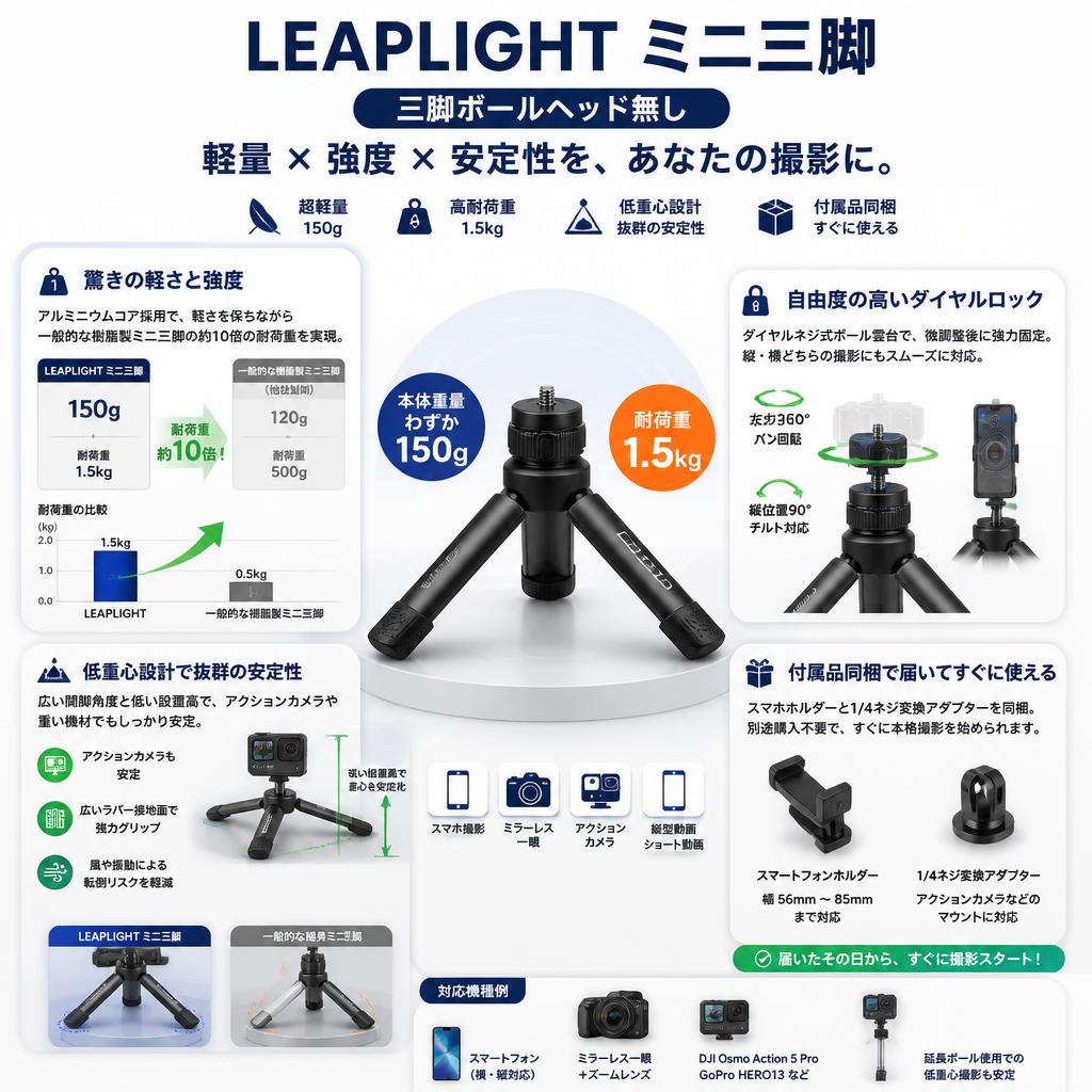 LEAPLIGHT ミニ三脚（三脚ボールヘッド無し） セールスポイント