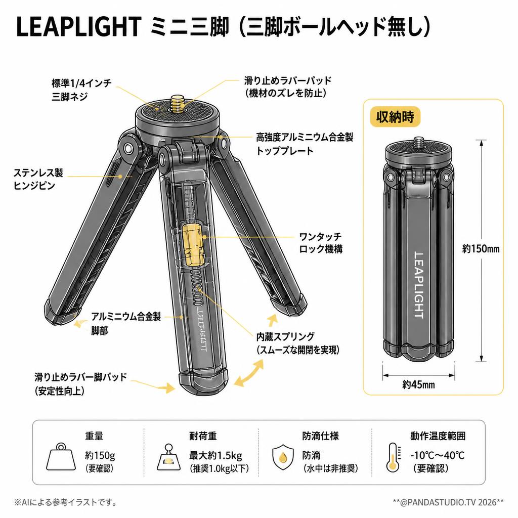 LEAPLIGHT ミニ三脚（三脚ボールヘッド無し） スペック