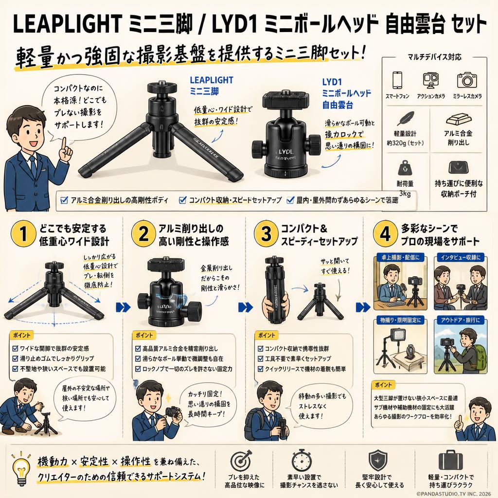LEAPLIGHT ミニ三脚 / LYD1 ミニボールヘッド 自由雲台 セット 概要