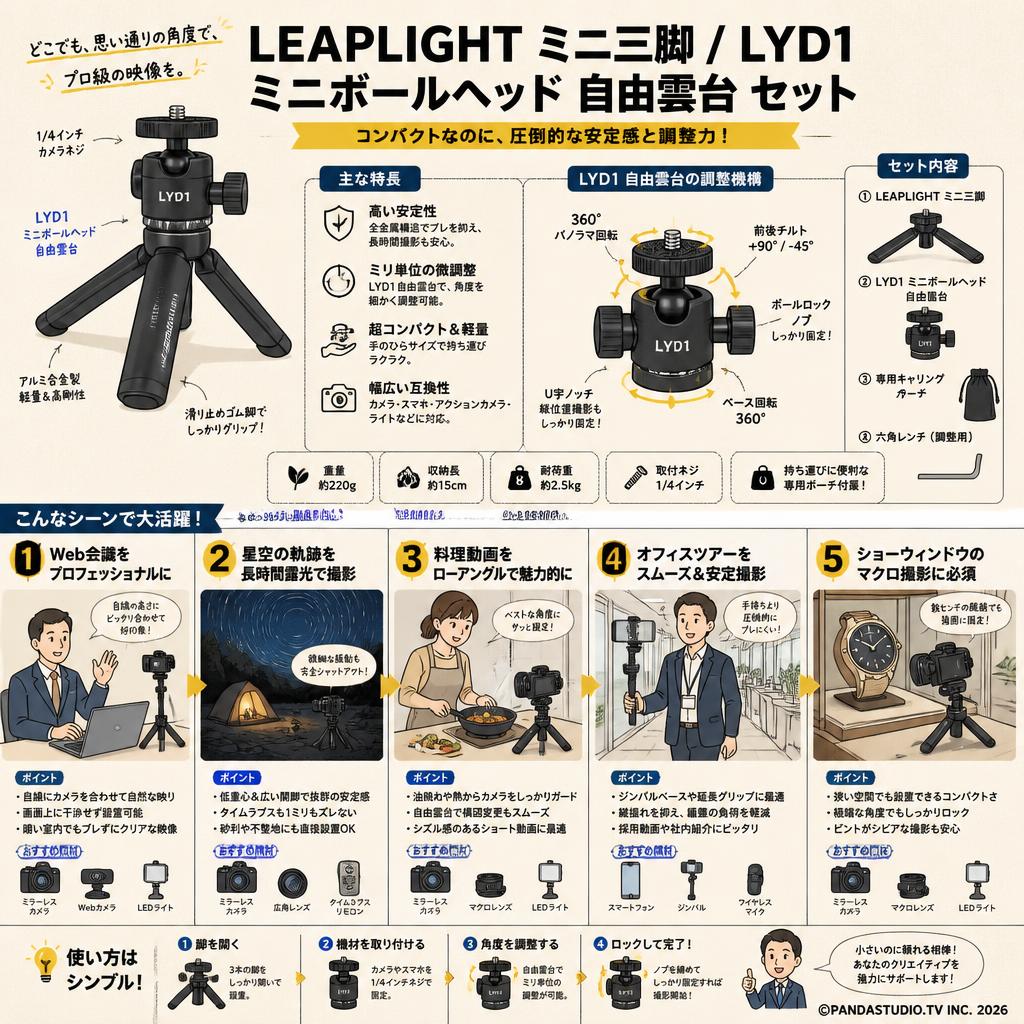 LEAPLIGHT ミニ三脚 / LYD1 ミニボールヘッド 自由雲台 セット 用途