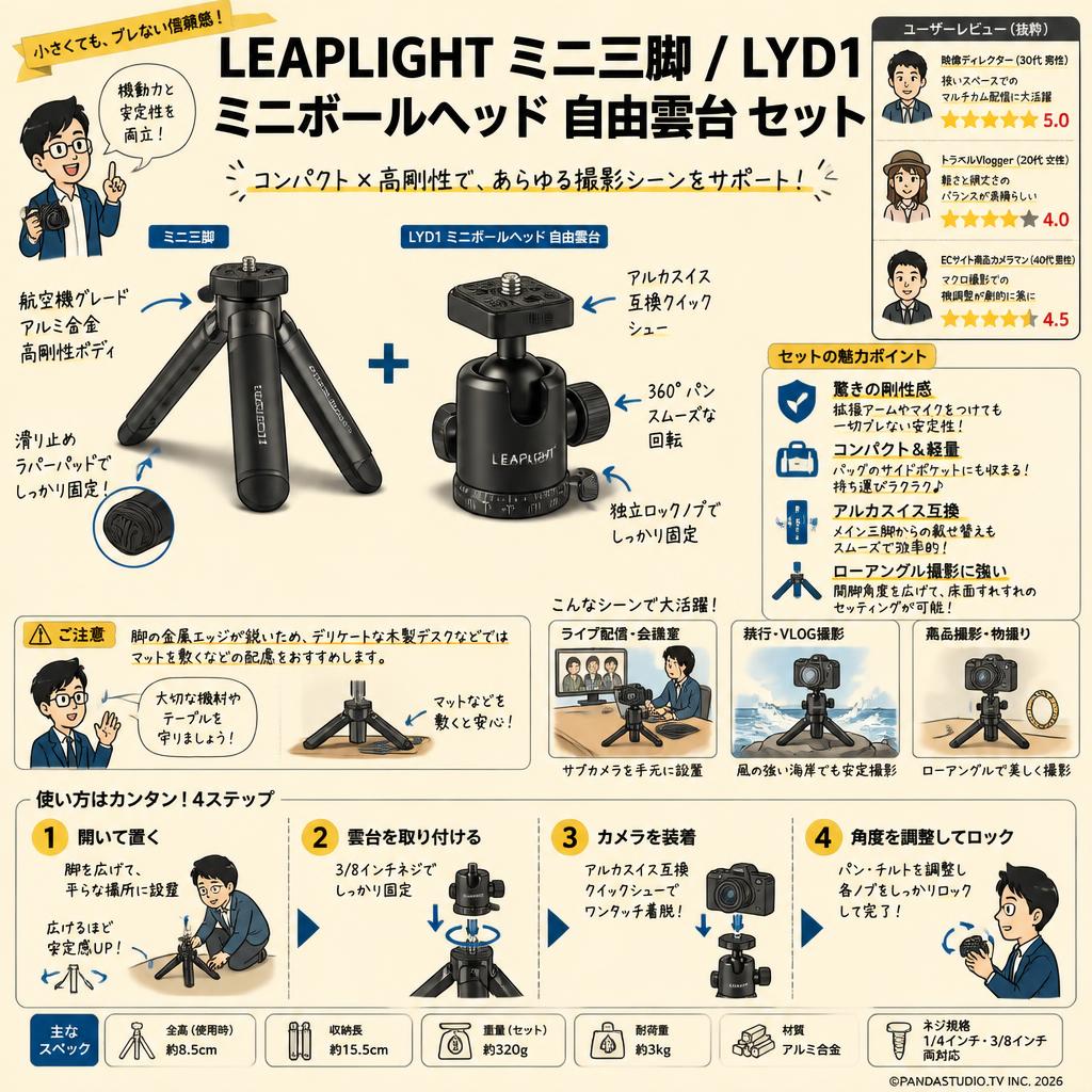 LEAPLIGHT ミニ三脚 / LYD1 ミニボールヘッド 自由雲台 セット インターネット上のお客様の声（評判）