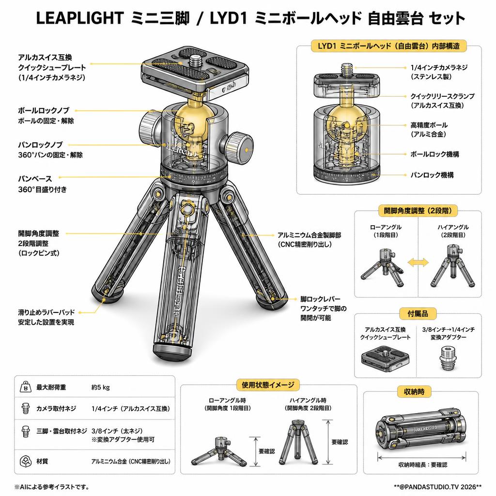 LEAPLIGHT ミニ三脚 / LYD1 ミニボールヘッド 自由雲台 セット スペック
